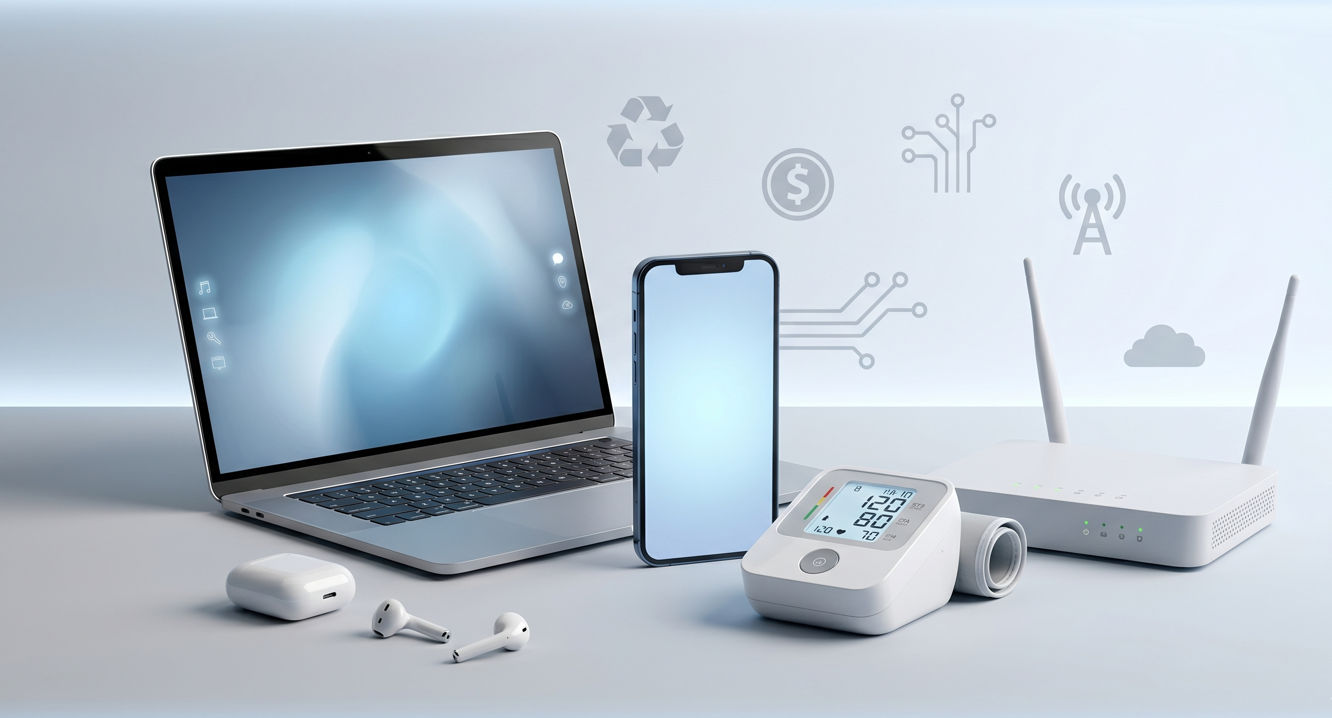 Multi-device spread — laptop, phone, medical device, headphones, telecom gear