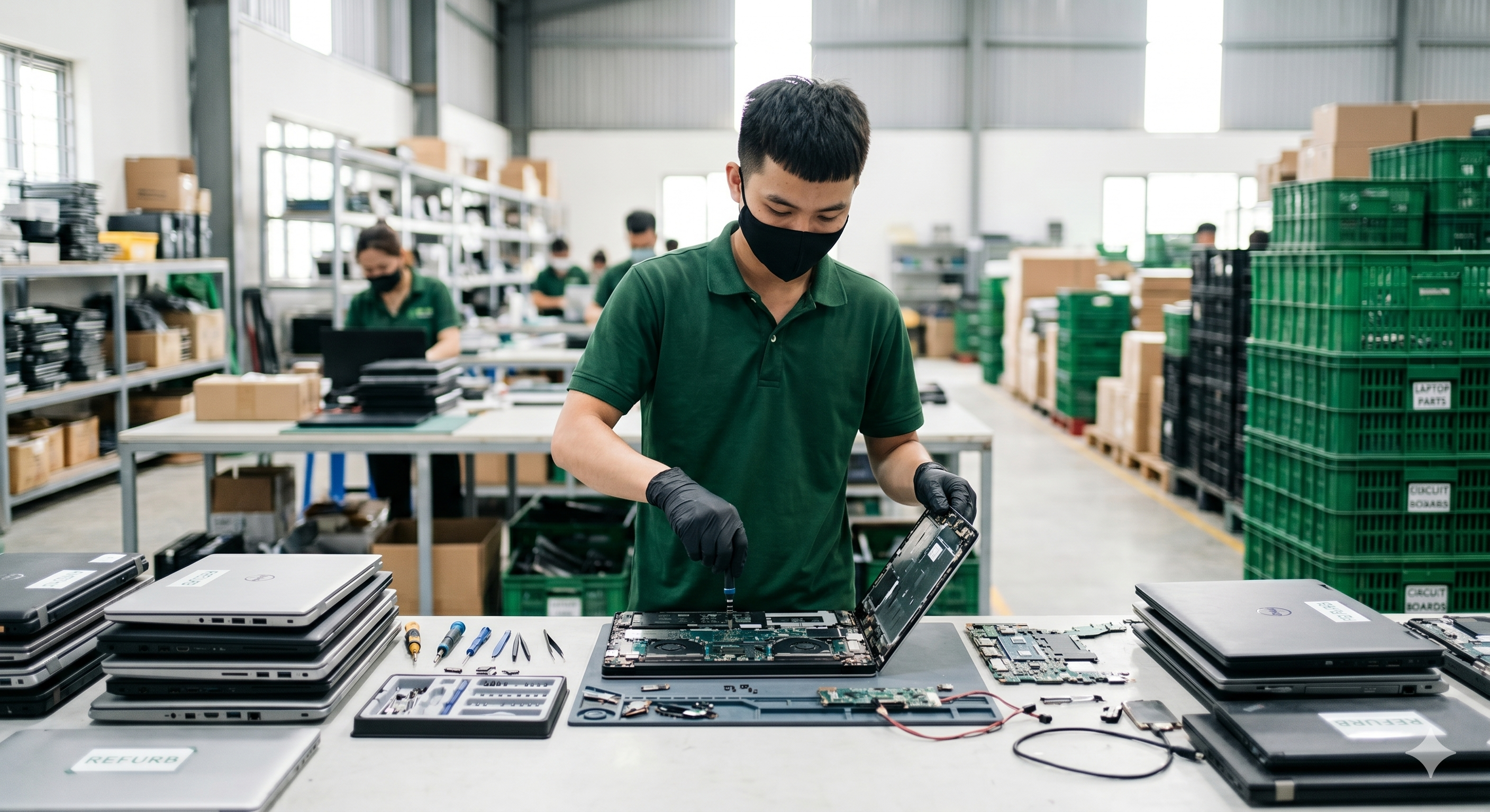 Laptop technician at workbench